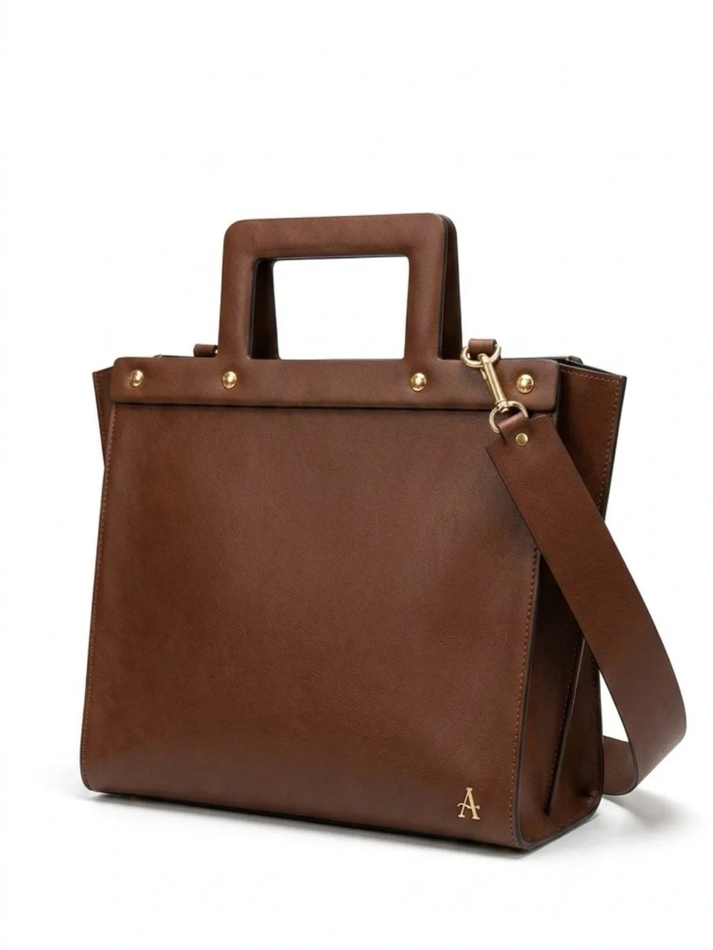 Brown Structured Leather Tote with Top Handle. Made in Italy